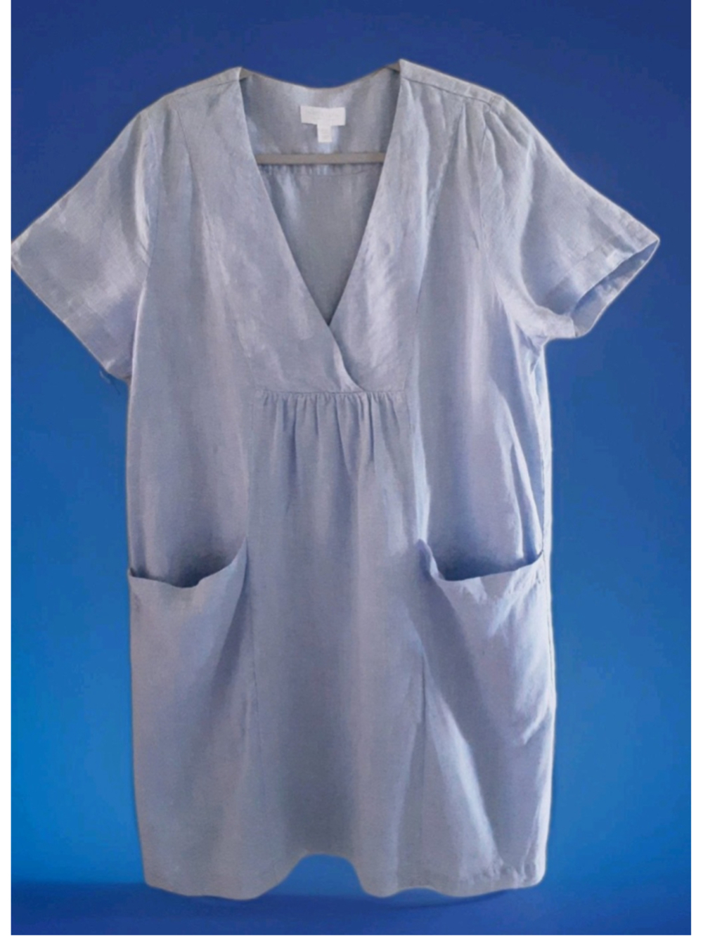 THE WHITE Co.-London-LINEN DRESS-Cross Yoke Boxy Lagenlook Pockets Blue Sz 14